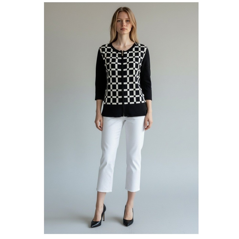 White House Black Market Black White Checkered Zip Up Cardigan 3/4 Slv Women's M